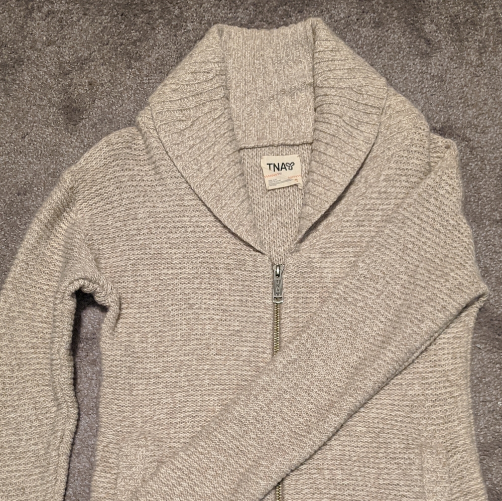 TNA beige knit zip up sweater